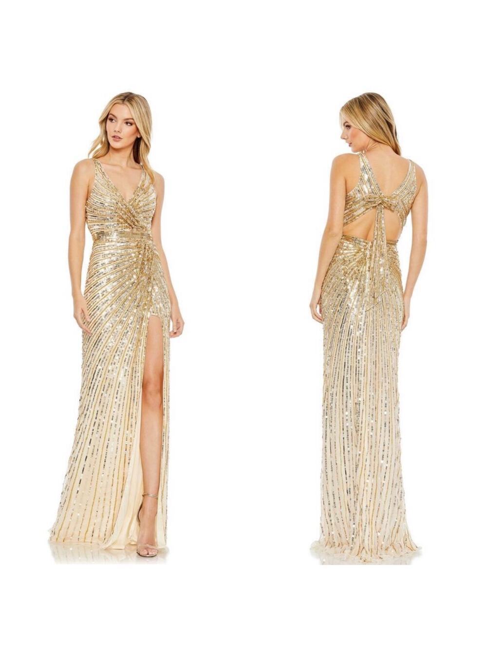 Mac Duggal Bow Back Sequined Faux Wrap Sleeveless Gown Gold Slit Size 14 NWT